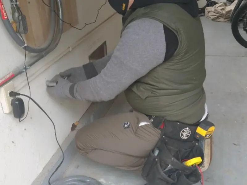 Electrician performing outlet wiring in a Pleasant Valley garage